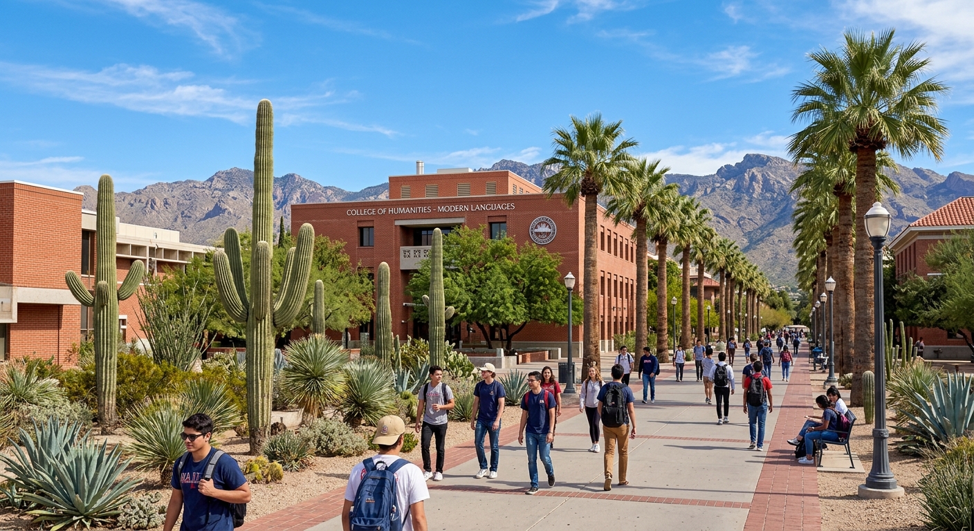 University of Arizona campus in Tucson with desert landscape, saguaro cacti, red-brick buildings, blue sky, and students walking along palm-lined pathways near the College of Humanities