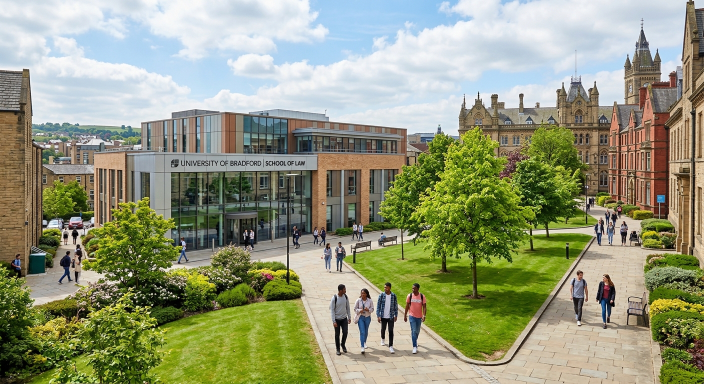 University of Bradford campus with modern law school building, students walking on pathways surrounded by green landscaping, historic Yorkshire architecture in the background under a bright sky
