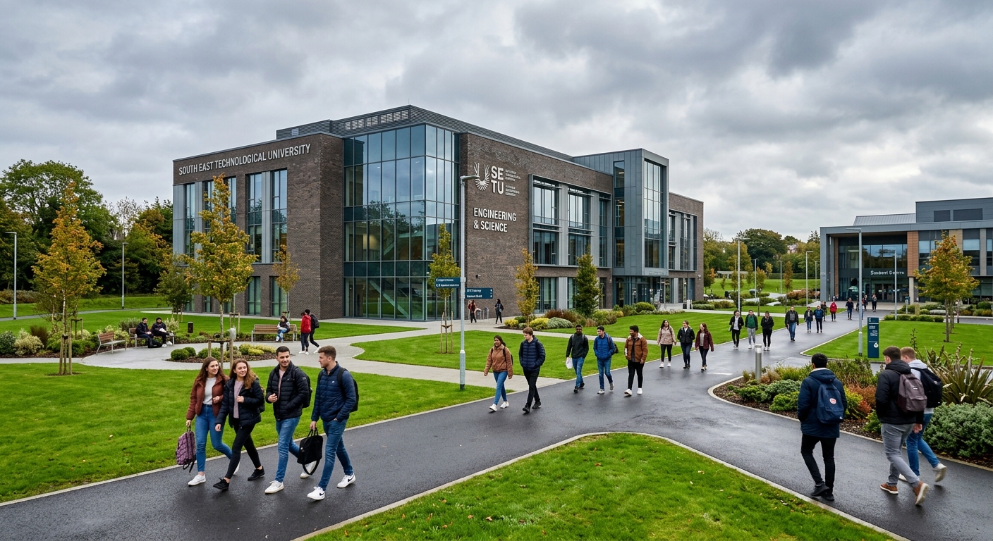 Modern university campus building at South East Technological University in Ireland, green landscaped grounds with students walking between contemporary glass and brick buildings, overcast Irish sky