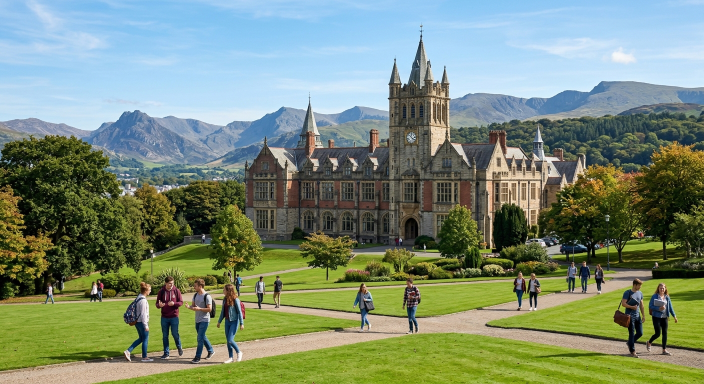 Historic Bangor University main arts building with Gothic architecture, green lawns in foreground, Snowdonia mountains visible in background, students walking along pathways under clear blue sky in North Wales