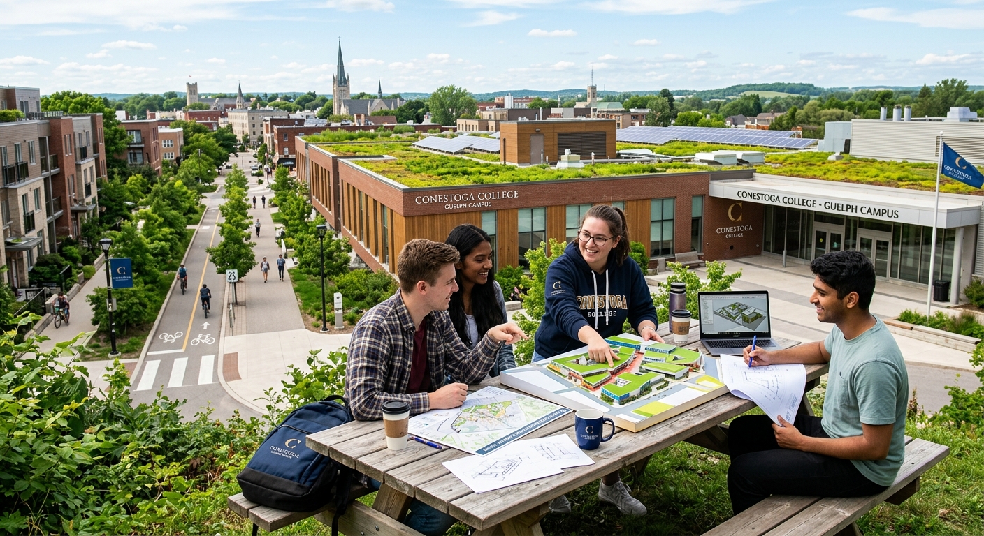 Modern sustainable urban landscape with green rooftops, bike lanes, and mixed-use buildings, students collaborating on urban design plans in an outdoor campus setting at Conestoga College Guelph, bright daylight, Canadian cityscape in background