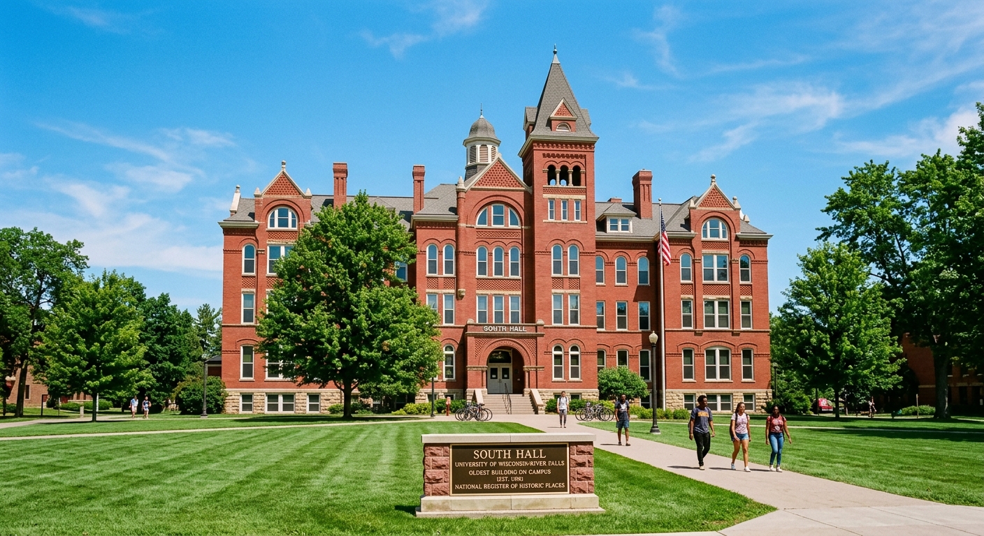 Historic South Hall at UW-River Falls, oldest building on campus built in 1898, red brick architecture, National Register of Historic Places, green lawn foreground, blue sky