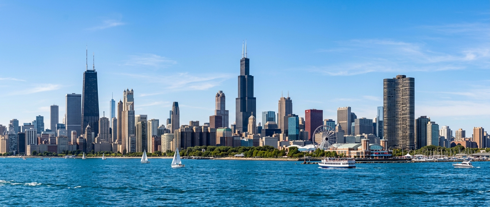 Chicago skyline panoramic view from Lake Michigan, iconic skyscrapers including Willis Tower and John Hancock Center, blue water in foreground, clear sky, vibrant urban landscape
