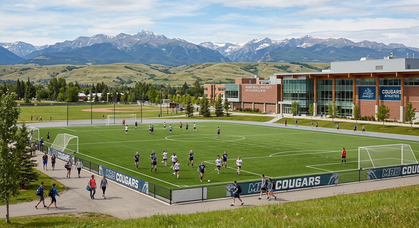 Mount Royal University recreation centre and athletic fields, outdoor soccer pitch, students exercising, Rocky Mountain foothills in background