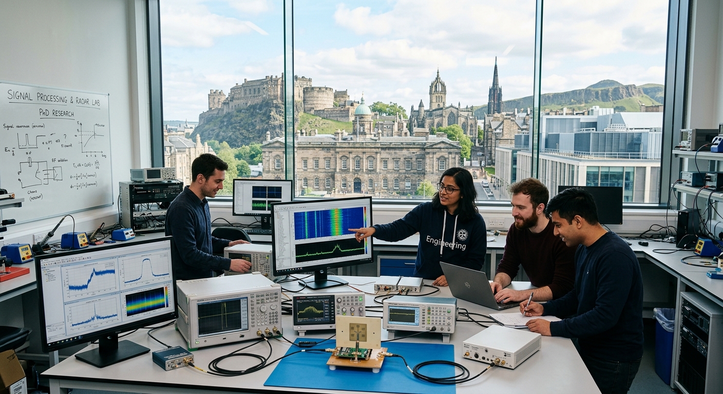 University of Edinburgh historic campus with modern engineering buildings, Edinburgh skyline with castle in background, PhD students collaborating in a high-tech signal processing laboratory with radar and sensor equipment