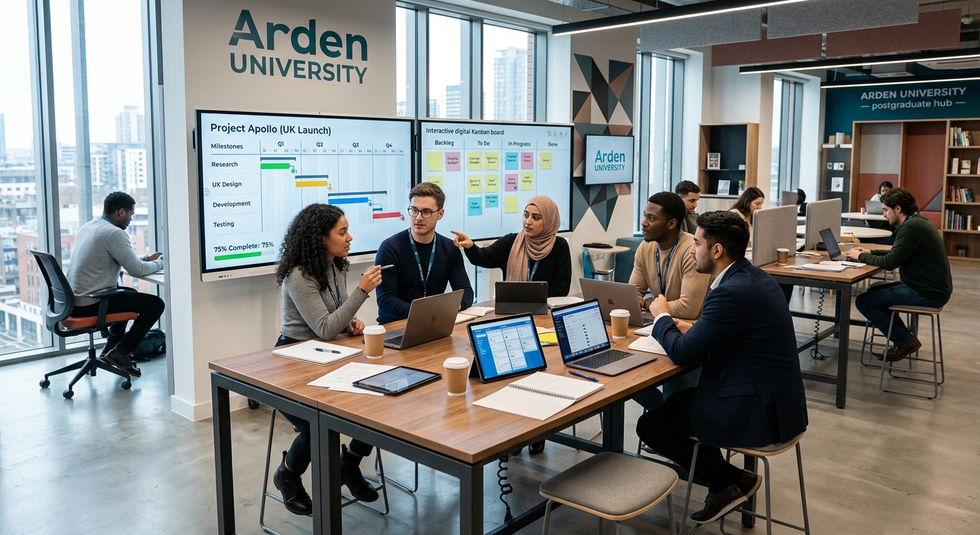 Modern Arden University study centre interior with postgraduate students collaborating on project management tasks, digital screens displaying Gantt charts and agile boards, contemporary furniture and bright lighting