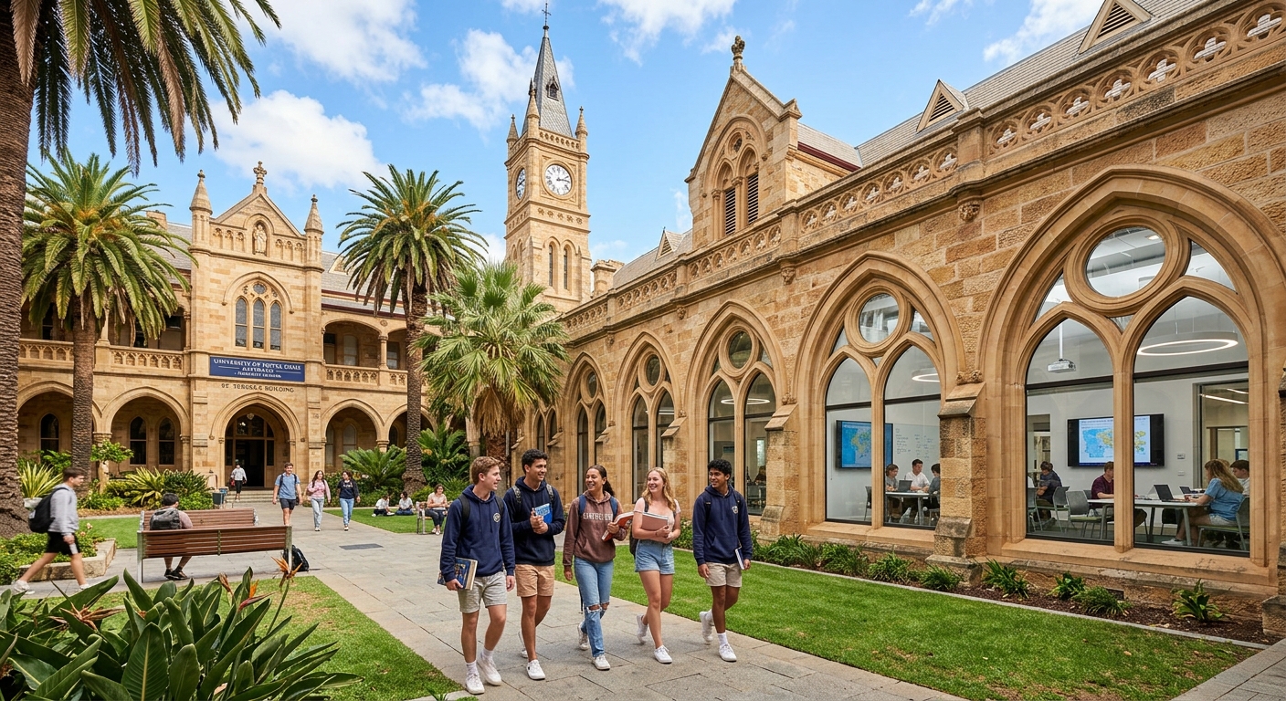Historic sandstone university campus with heritage architecture in Fremantle, Western Australia, students walking through courtyard with palm trees, bright sunny day, modern learning spaces visible through arched windows