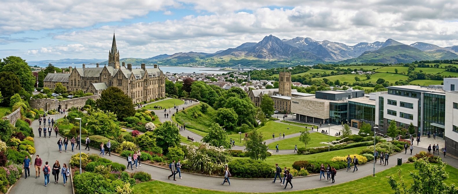 Panoramic view of Bangor University campus in North Wales with Snowdonia mountains in the background, lush green landscape, modern university buildings alongside historic architecture, students walking on campus paths under partly cloudy skies