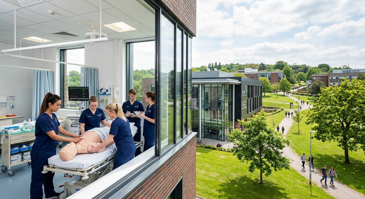 Keele University campus with green parkland and modern health sciences building, student midwives in clinical simulation lab practicing with mannequins, bright natural lighting through large windows
