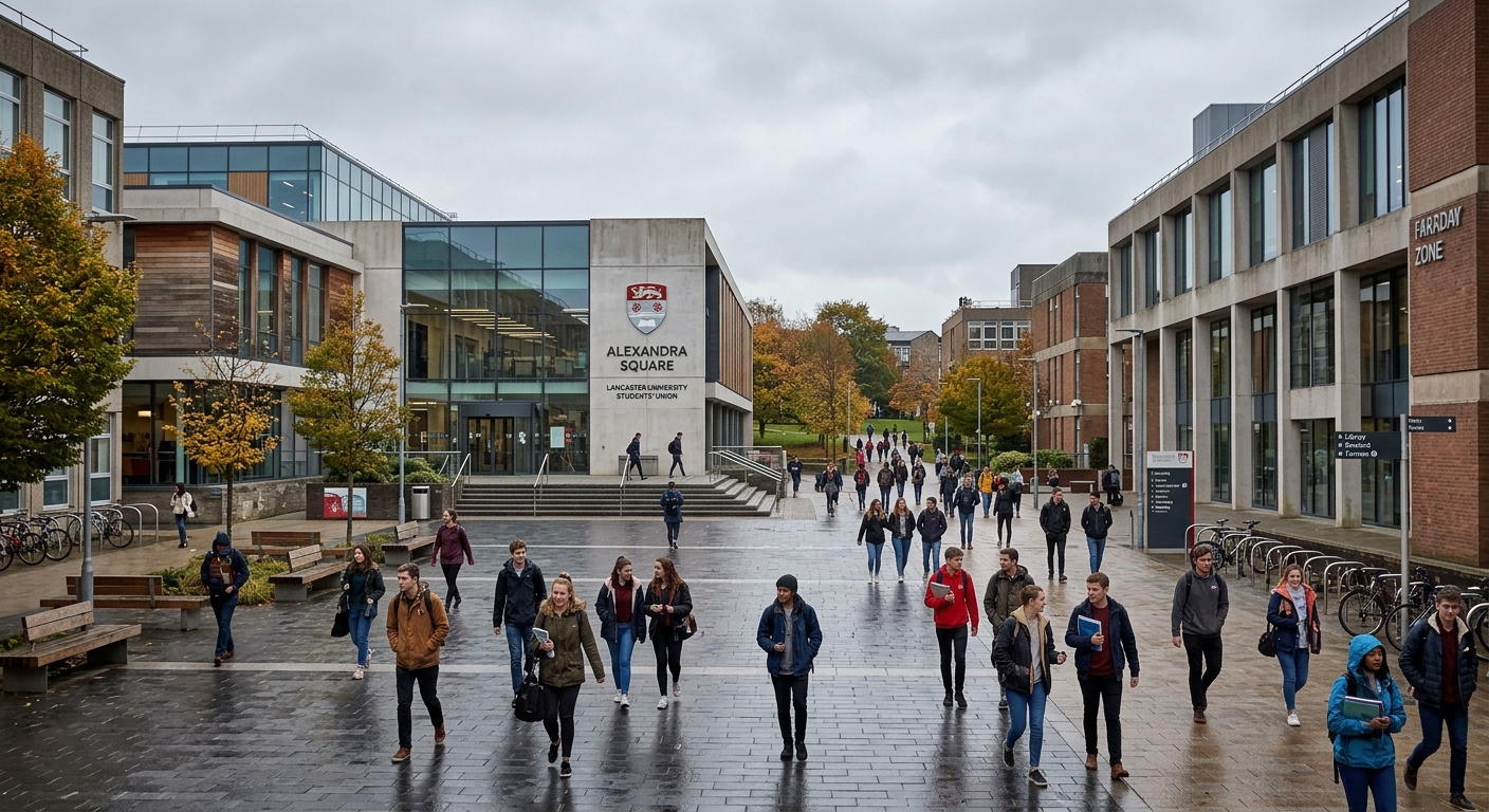 Alexandra Square at Lancaster University, central campus plaza with students walking, modern university buildings surrounding the square, overcast English sky