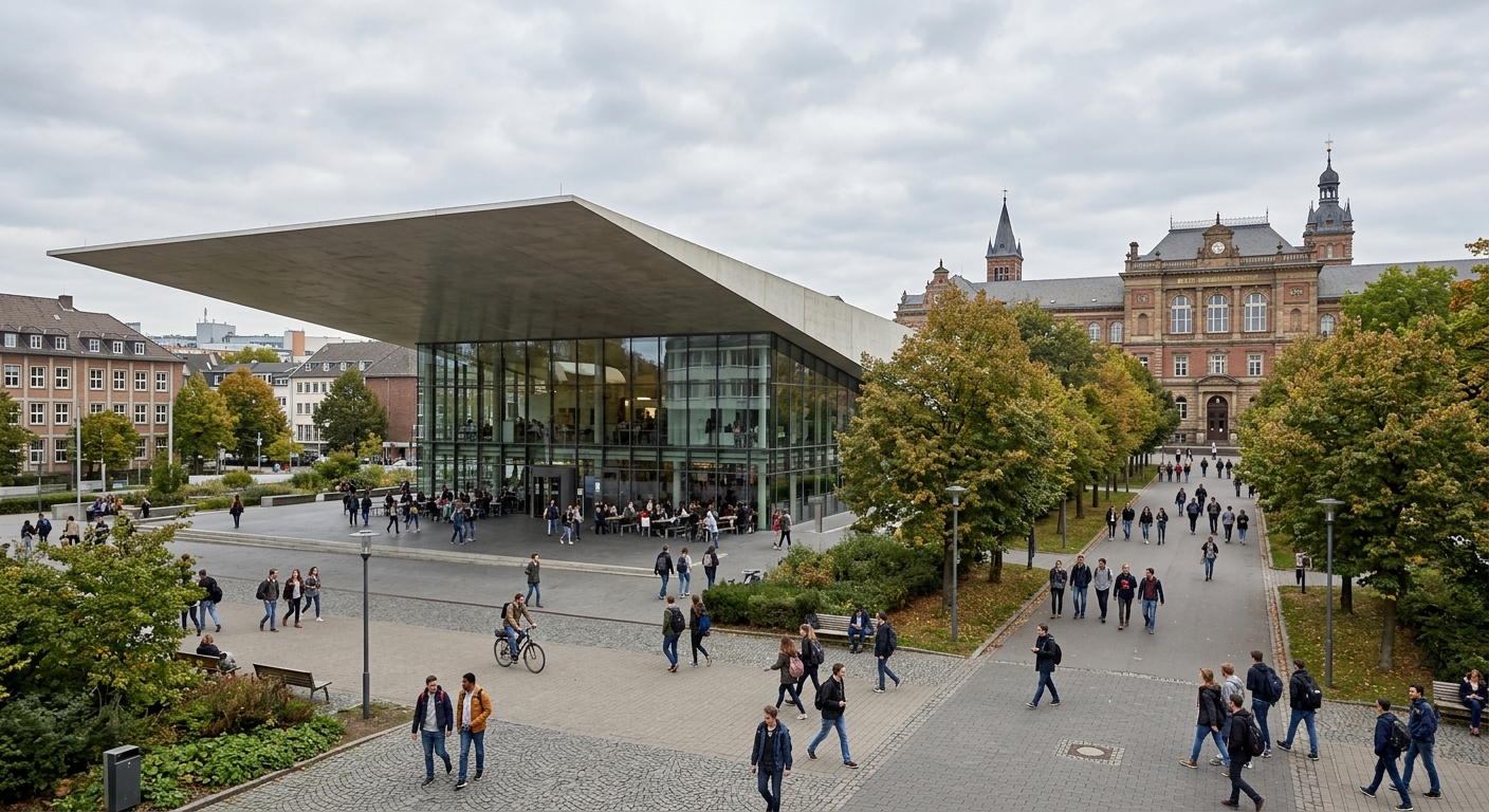 RWTH Aachen University campus wide shot featuring the iconic SuperC building with its distinctive cantilevered roof, historic main building in background, students walking along tree-lined pathways, European architectural style, overcast sky typical of western Germany