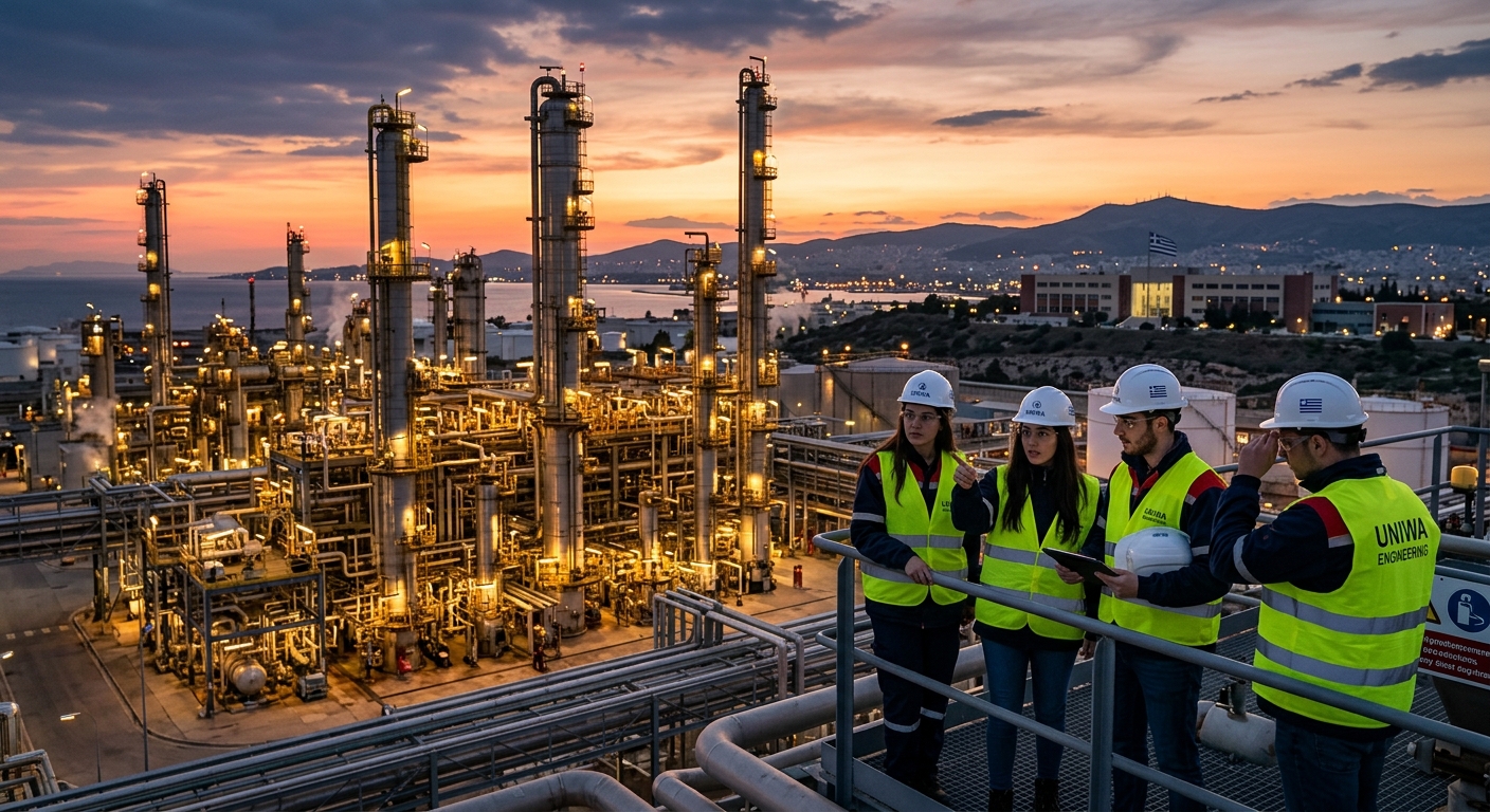Modern oil and gas refinery with processing towers and pipelines at sunset, University of West Attica campus buildings in Athens Greece visible in the background, engineering students in safety gear observing industrial equipment
