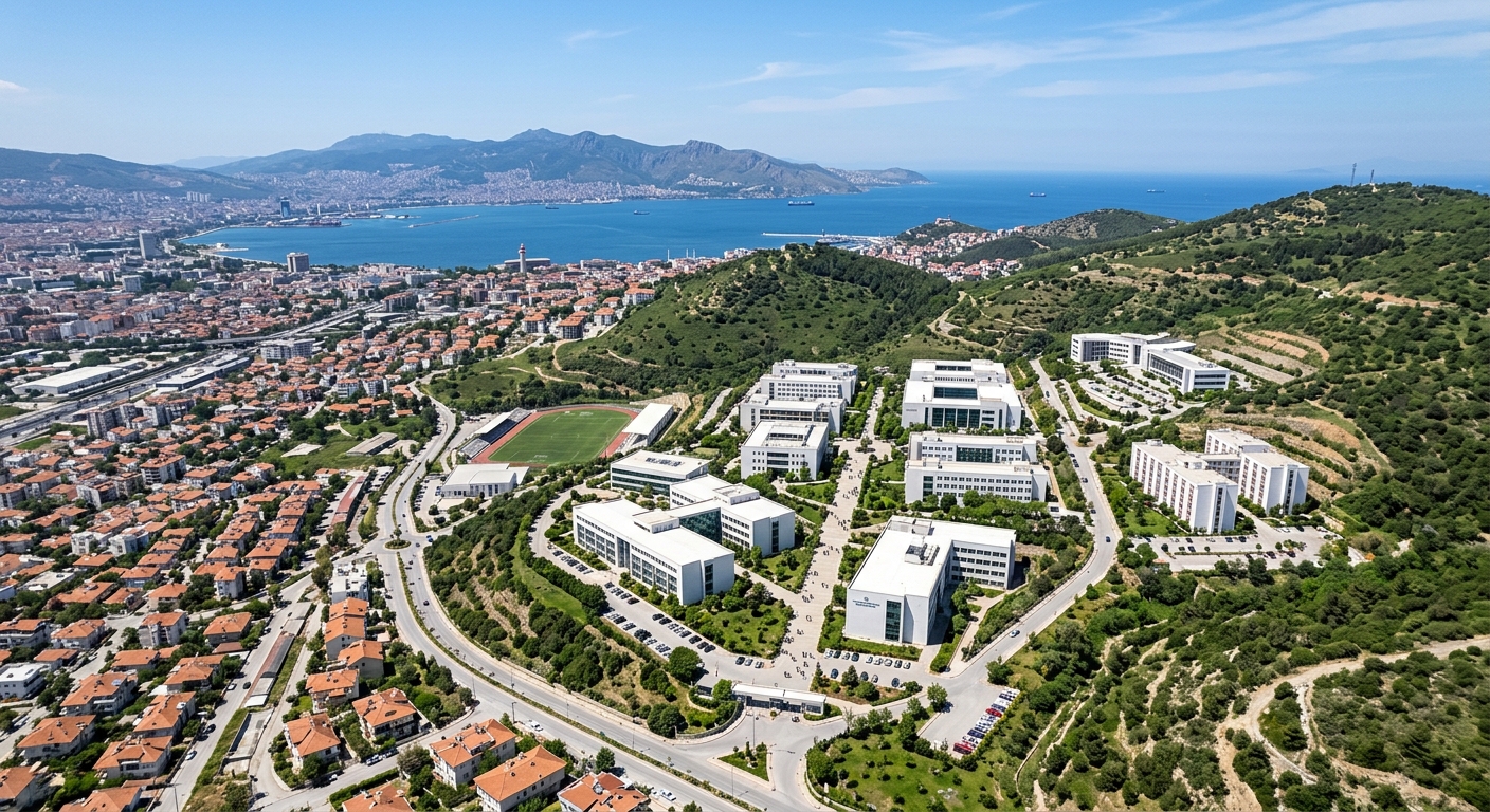 Aerial view of İzmir Tınaztepe University campus in Buca district, modern white faculty buildings surrounded by green hills, Aegean landscape in the background, clear blue sky