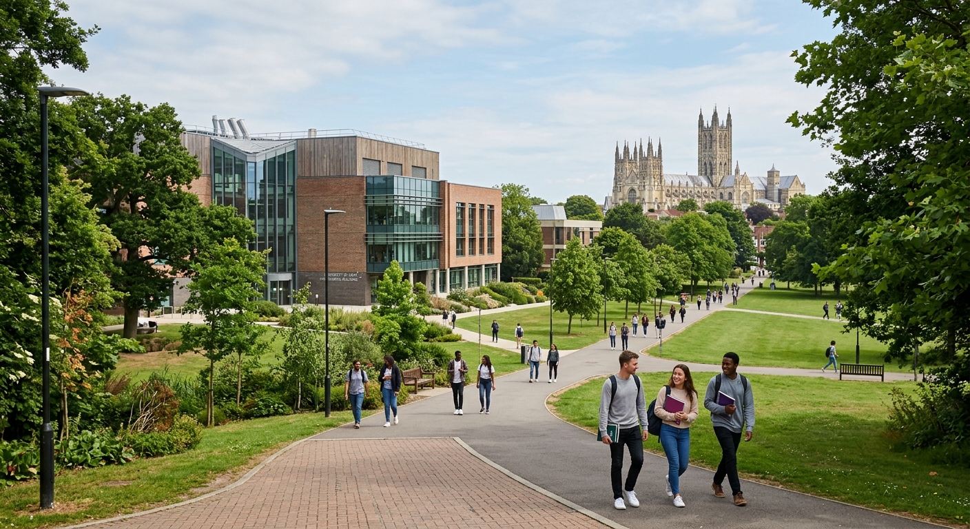 University of Kent Canterbury campus with modern engineering laboratory building, green parkland setting, Canterbury Cathedral visible in the background, students walking along tree-lined pathways