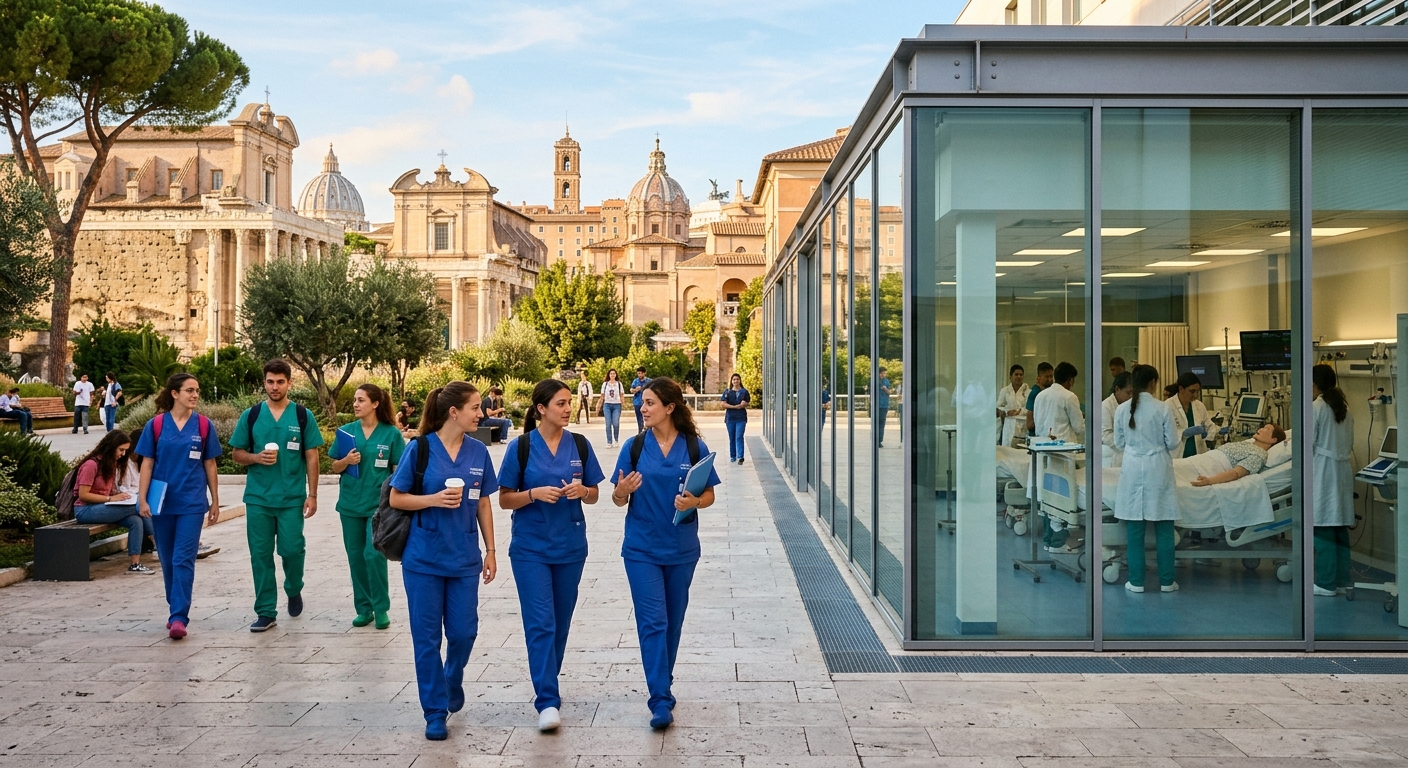 Modern university campus in Rome with students in clinical scrubs walking through a sunlit courtyard, historic Italian architecture in the background, medical training simulation lab visible through glass windows