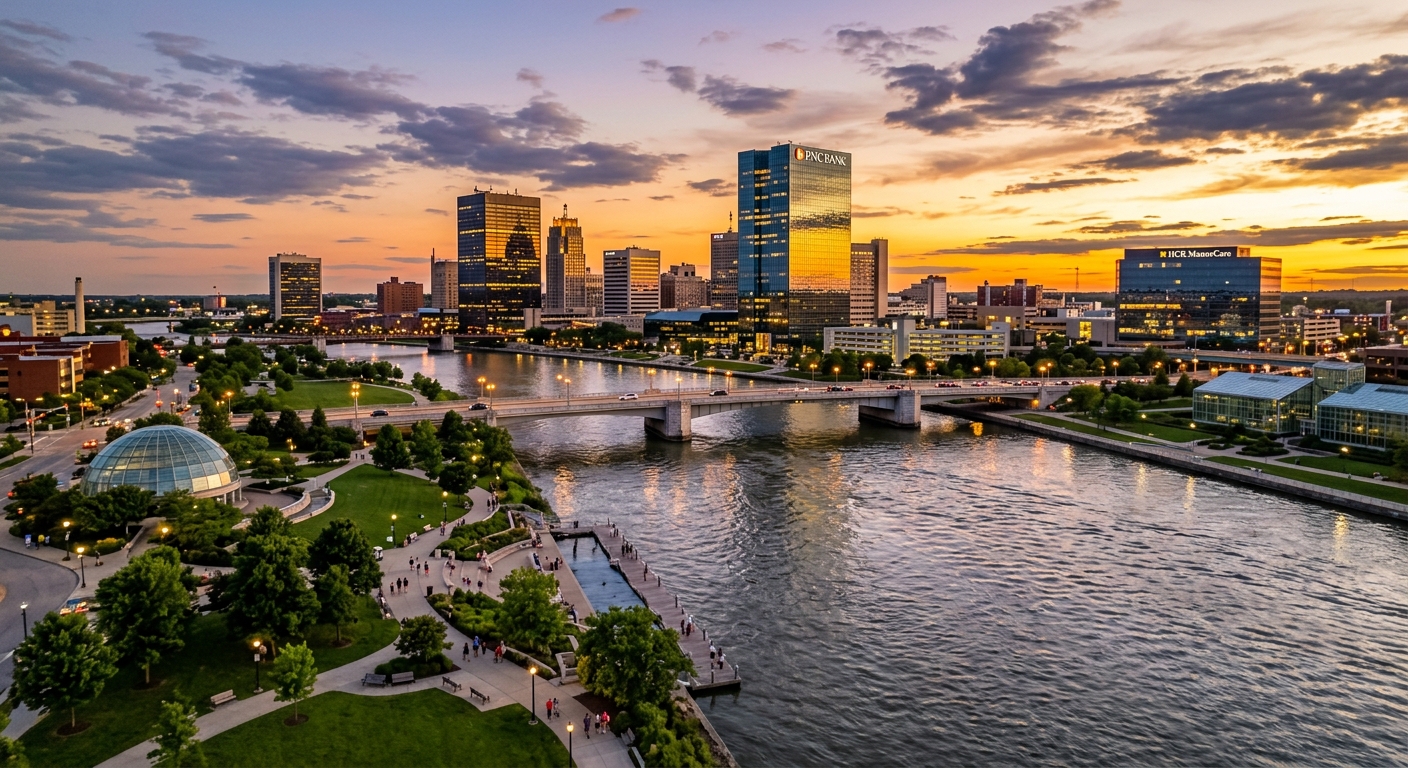 Toledo Ohio skyline at sunset with Maumee River in foreground, downtown glass buildings reflecting golden light, bridges crossing the river, and green parks along the waterfront