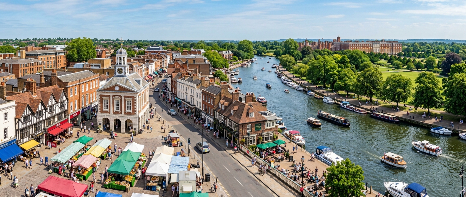 Panoramic view of Kingston upon Thames riverside, historic market square, boats on River Thames, Hampton Court Palace in distance, green parks, charming high street with shops and cafes, sunny day