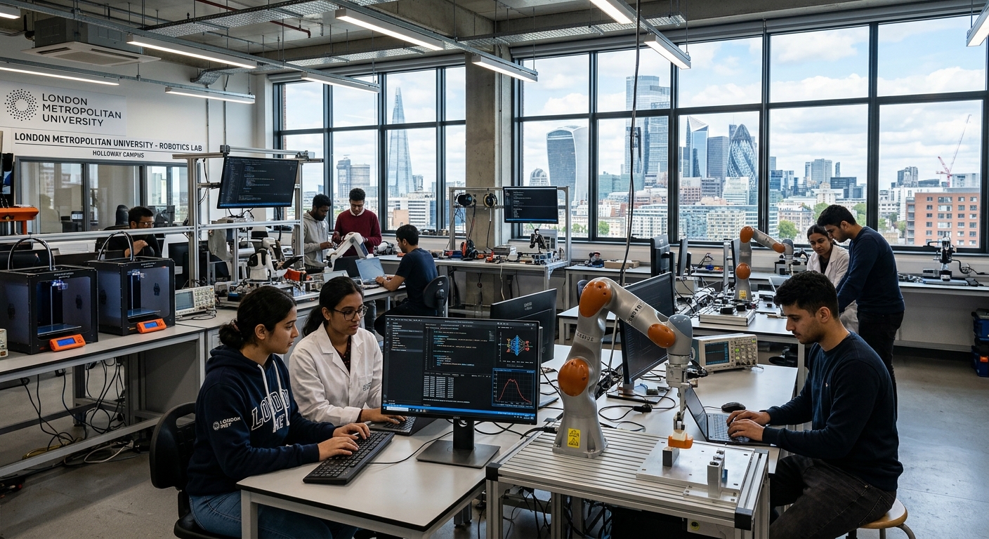 Modern robotics laboratory at London Metropolitan University Holloway campus, students working with robotic arms and AI programming on screens, bright industrial lighting with London cityscape visible through windows