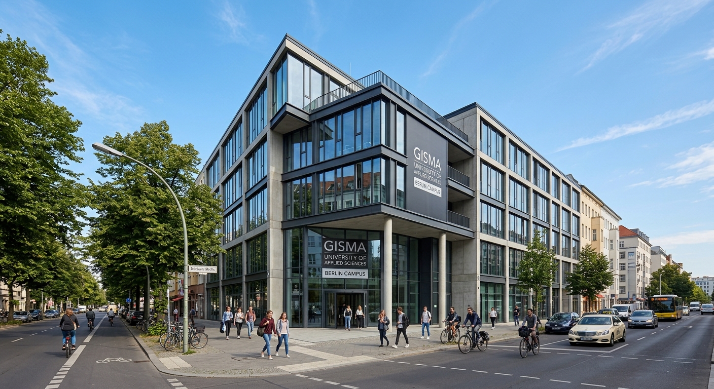 Gisma University of Applied Sciences Berlin campus exterior, modern glass and steel building on Dessauer Strasse, urban Berlin setting with trees and pedestrians, clear sky