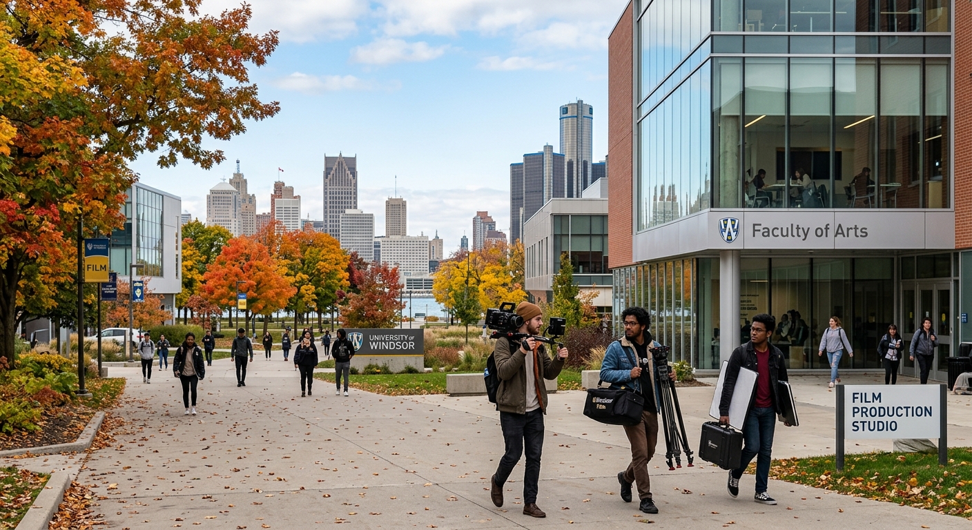 University of Windsor campus with modern film production facilities, students carrying camera equipment near the Faculty of Arts building, autumn trees lining walkways, Windsor Ontario skyline in background