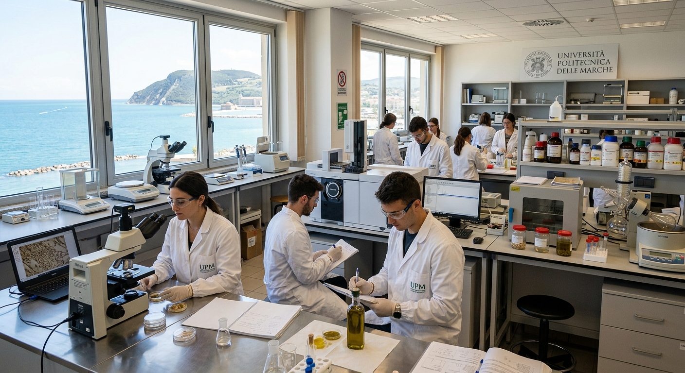 Modern university laboratory at Marche Polytechnic University in Ancona, Italy, with students conducting food science experiments, microscopes and analytical equipment on lab benches, natural Mediterranean light streaming through windows