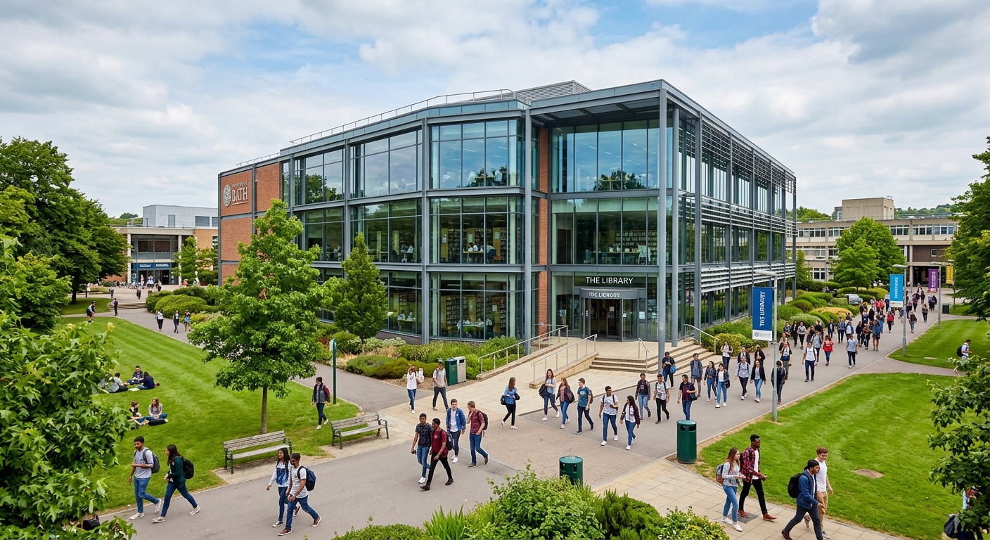 University of Bath Library building at the centre of campus, modern architecture with large glass windows, students walking along the Parade, green lawns and trees surrounding the building