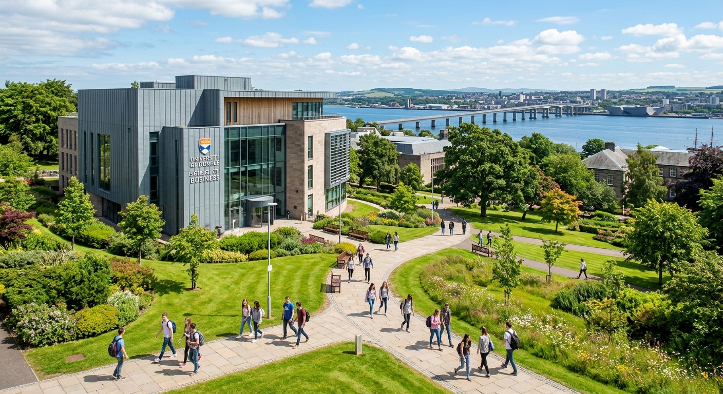 University of Dundee campus in Scotland with modern School of Business building, students walking on pathways surrounded by green spaces, with the River Tay visible in the background under a bright sky