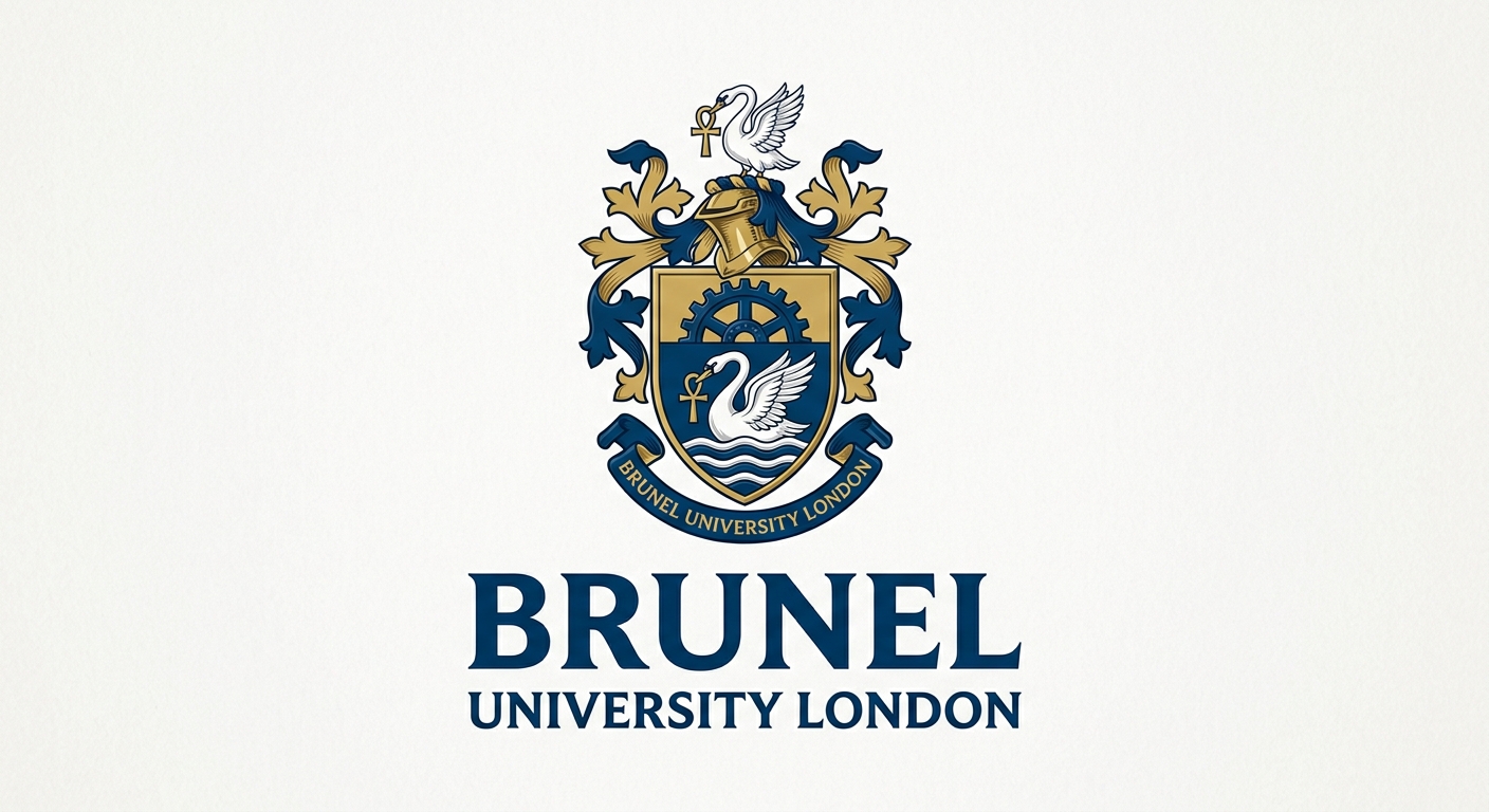 Brunel University of London official logo featuring coat of arms with cogwheel, swan, and university name in dark blue text