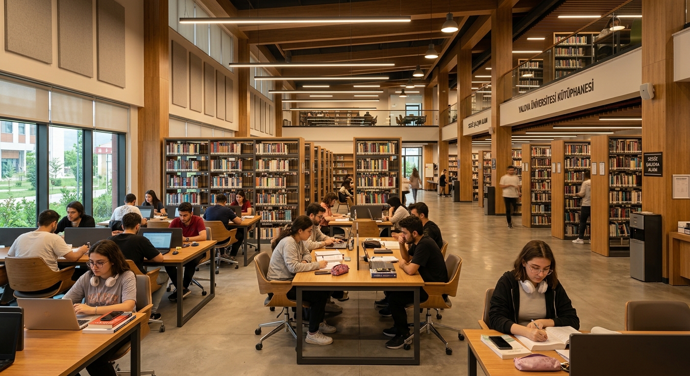 Yalova University library interior with students studying at desks, bookshelves, modern lighting, open floor plan, quiet study atmosphere