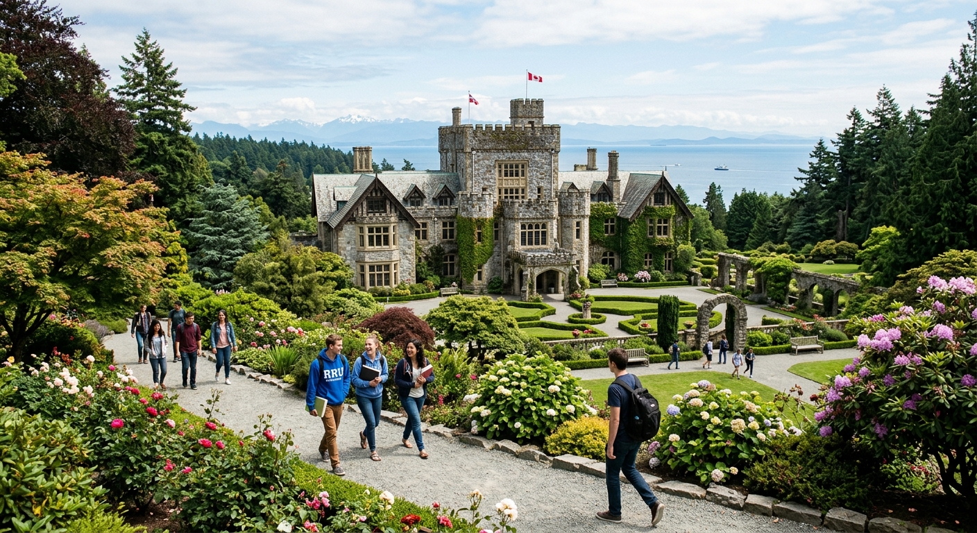 Historic Hatley Castle at Royal Roads University campus in Victoria, British Columbia, surrounded by lush gardens and Pacific Northwest forest, students walking on pathways with ocean views in the background