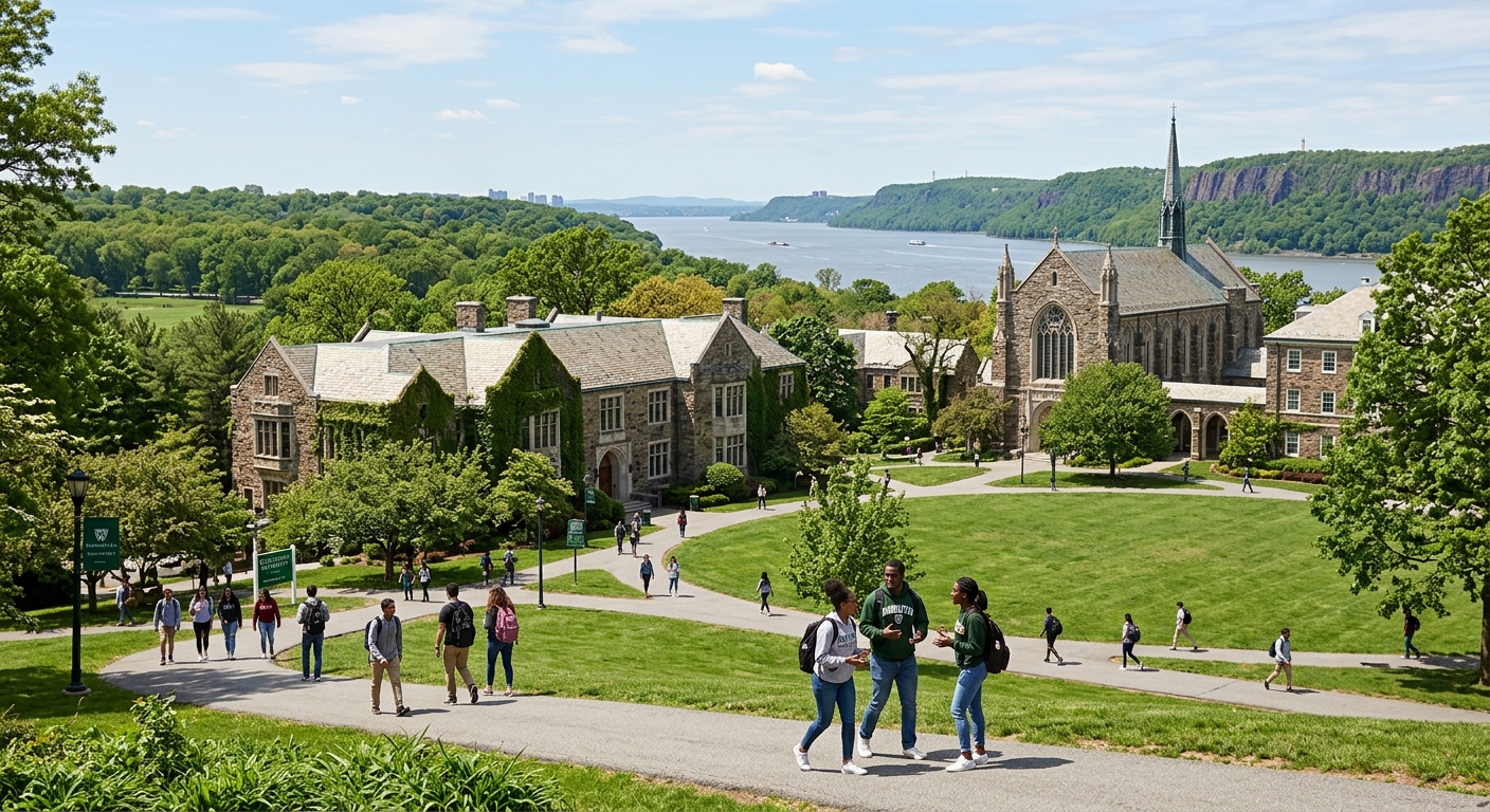 Manhattan University campus in Riverdale, Bronx, New York, with green lawns and historic stone buildings surrounded by trees near the Hudson River and Van Cortlandt Park, students walking on pathways