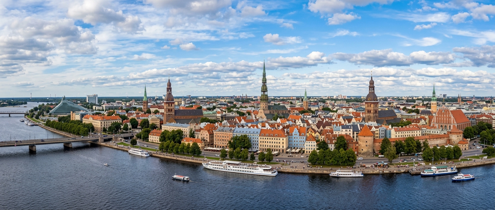 Panoramic view of Riga Old Town with Daugava River, Art Nouveau architecture, church spires, colourful rooftops, blue sky with scattered clouds, European cityscape