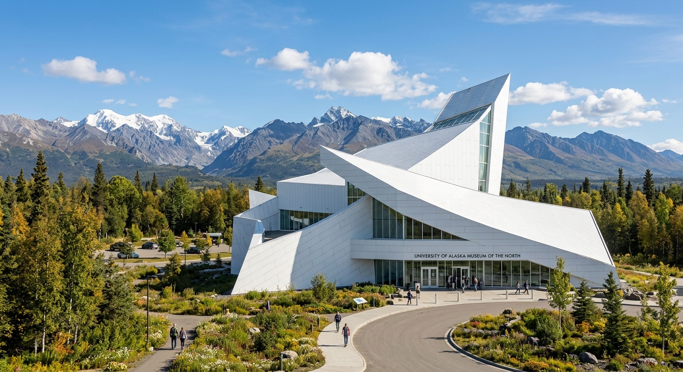 University of Alaska Museum of the North building with its distinctive modern angular white architecture against a blue sky with mountains in the background
