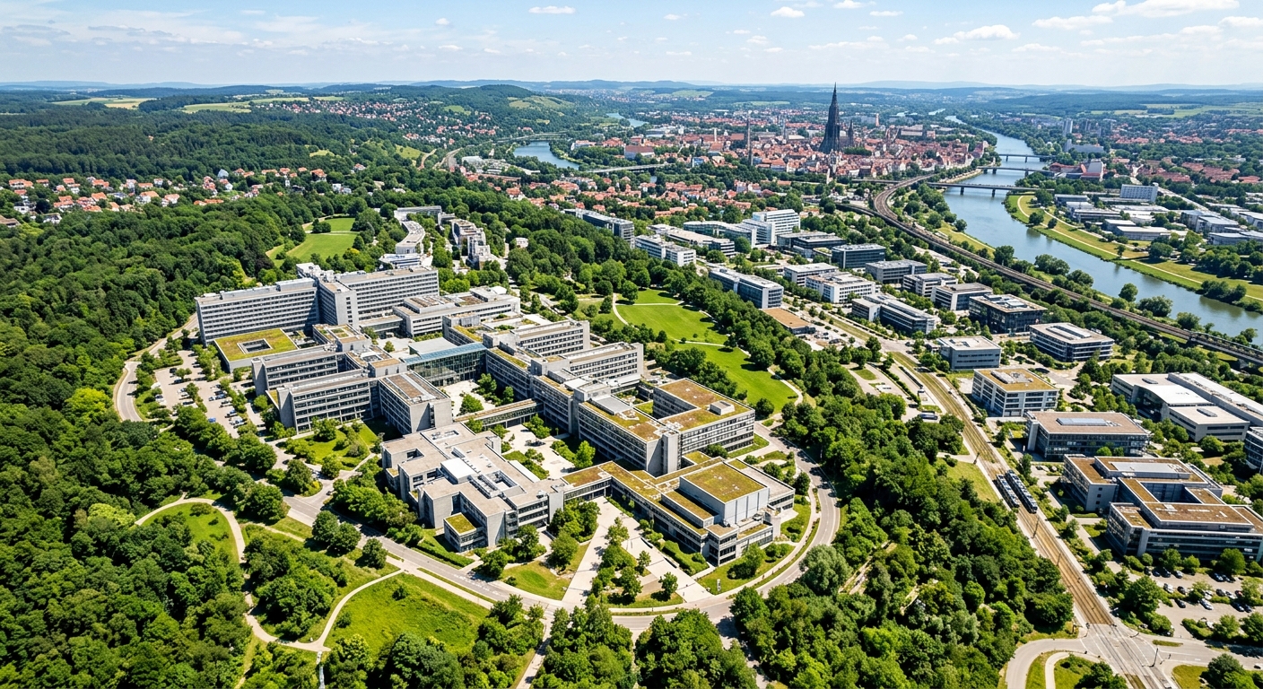 Aerial view of University of Ulm campus on Oberer Eselsberg hill, modern concrete and glass university buildings surrounded by lush green parkland, Science City Ulm in background, Danube River visible in distance, bright daylight