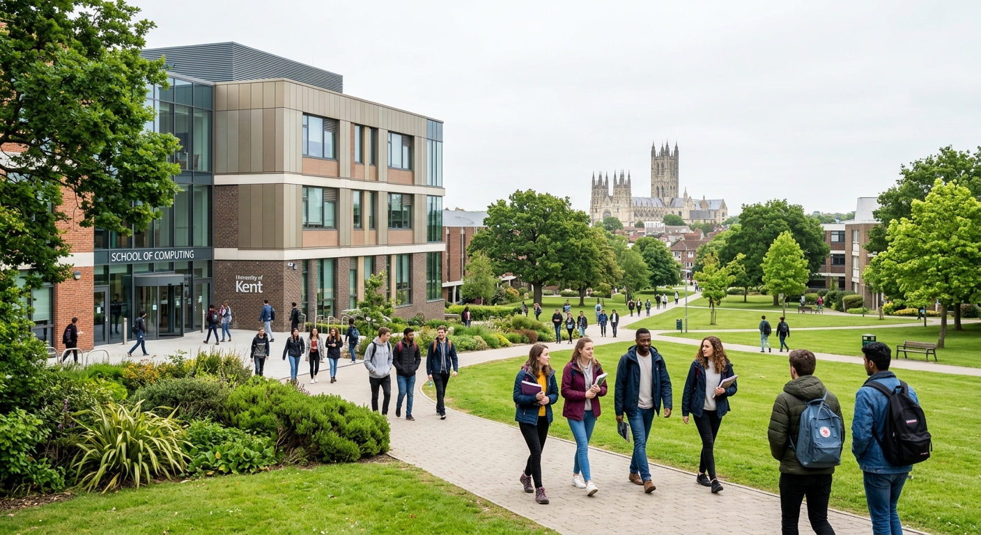 University of Kent Canterbury campus with modern computing building, green parkland, students walking between lecture halls, historic Canterbury cathedral visible in the background, bright overcast English sky