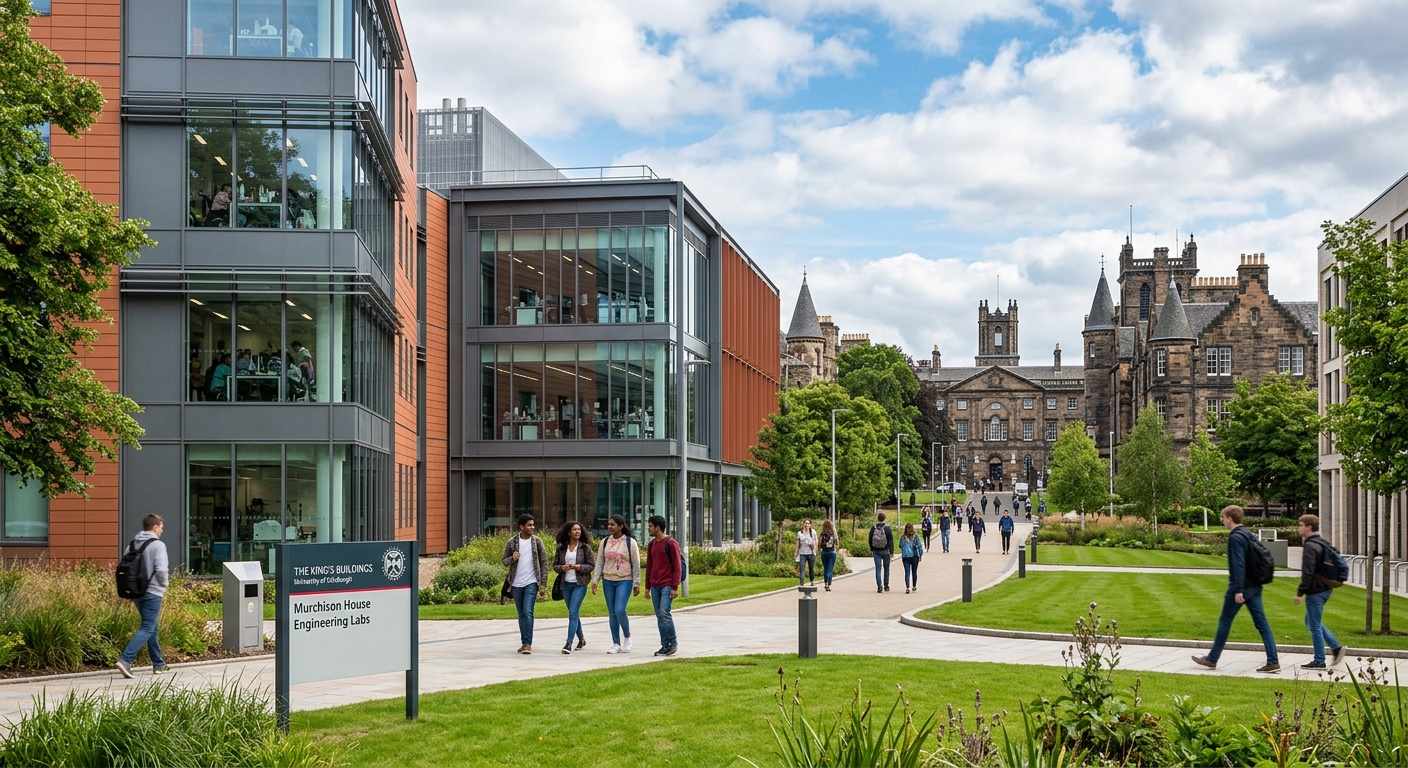 University of Edinburgh King's Buildings campus with modern engineering laboratories, historic stone architecture in the background, students walking on pathways surrounded by green lawns under a partly cloudy Scottish sky