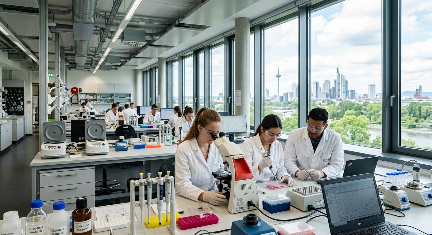 Modern medical research campus at Goethe University Frankfurt Niederrad, students in white lab coats working with microscopes and molecular biology equipment, bright clinical laboratory setting with large windows overlooking Frankfurt skyline
