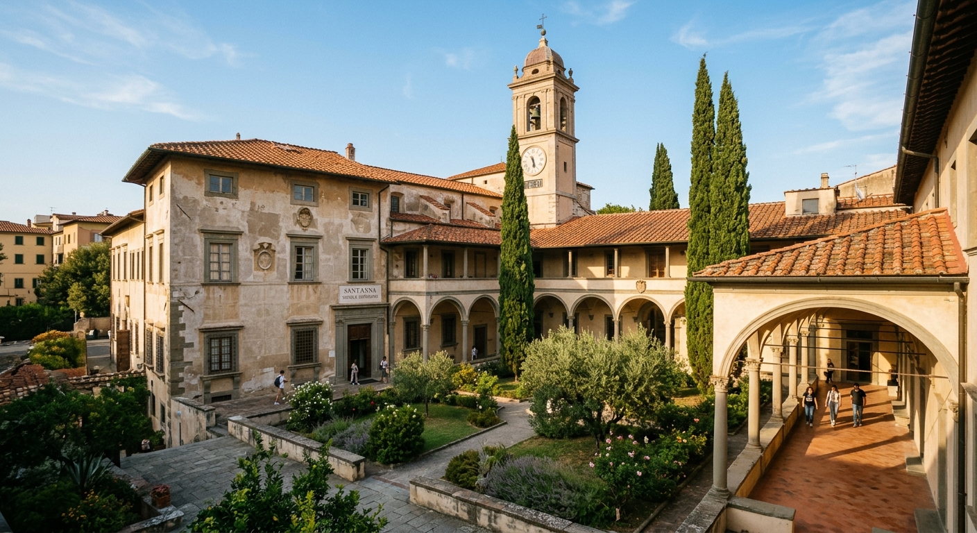Sant'Anna School of Advanced Studies historic campus in Pisa, former Benedictine convent building with Renaissance architecture, terracotta rooftops, arched cloisters, Italian cypress trees, warm Mediterranean sunlight