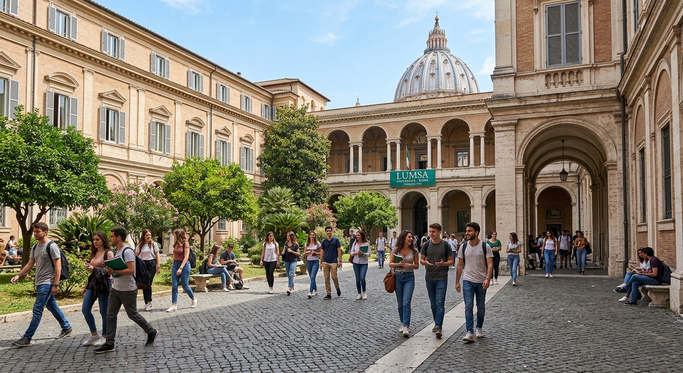 LUMSA University historic campus building near Vatican City in Rome, Italy, with students walking through a courtyard surrounded by classical architecture and green trees under a clear blue sky