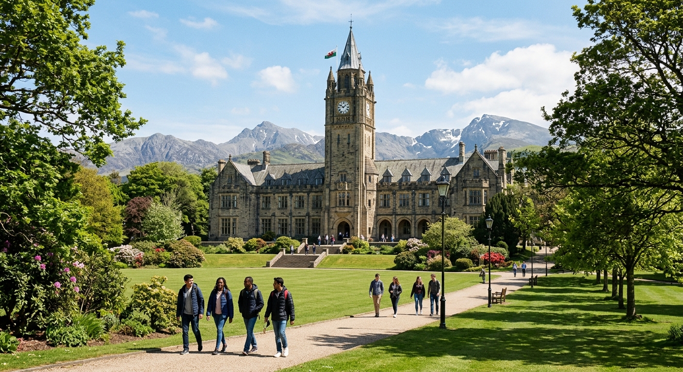 Historic Bangor University main arts building with clock tower surrounded by green lawns, with Snowdonia mountains visible in the background and students walking along tree-lined pathways in North Wales