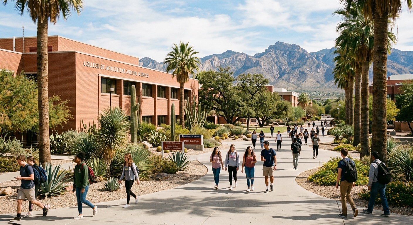 University of Arizona campus in Tucson with desert landscape, College of Agriculture building surrounded by palm trees and arid vegetation, students walking on sunlit pathways with Catalina Mountains in the background