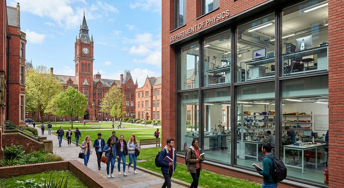 University of Liverpool red brick campus building with the iconic Victoria Building in the background, physics department laboratory equipment visible through modern glass windows, students walking across a green courtyard on a bright day
