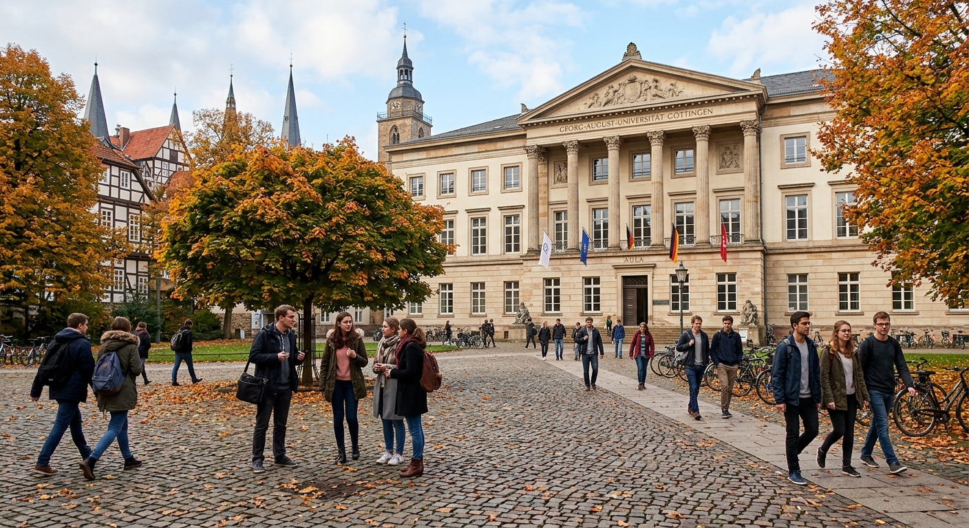 Historic University of Göttingen campus building with neoclassical architecture, cobblestone courtyard, students walking under autumn trees, Göttingen city center in the background