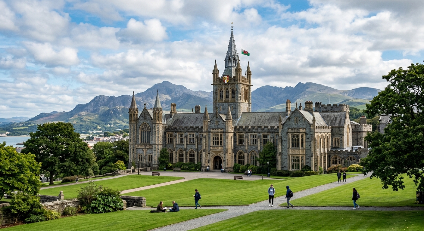 Historic Bangor University main arts building with gothic architecture, green lawns, and Snowdonia mountains visible in the background under a partly cloudy sky, North Wales coastal setting