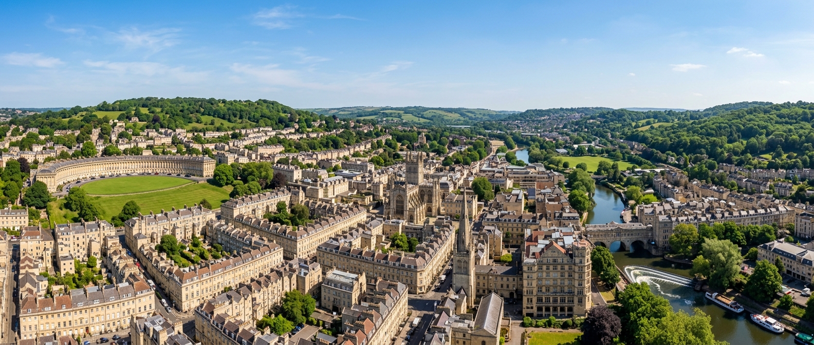 Panoramic view of the city of Bath showing Georgian honey-coloured stone architecture, the Royal Crescent, Bath Abbey, green hills surrounding the city, and the River Avon winding through the landscape under a clear blue sky
