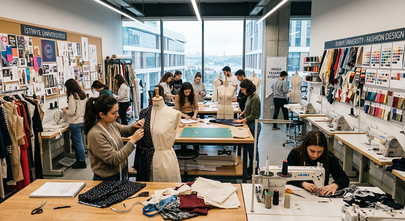 Modern fashion design studio at Istinye University Istanbul with fabric swatches, dress forms, sewing machines, and students working on textile projects under bright studio lighting