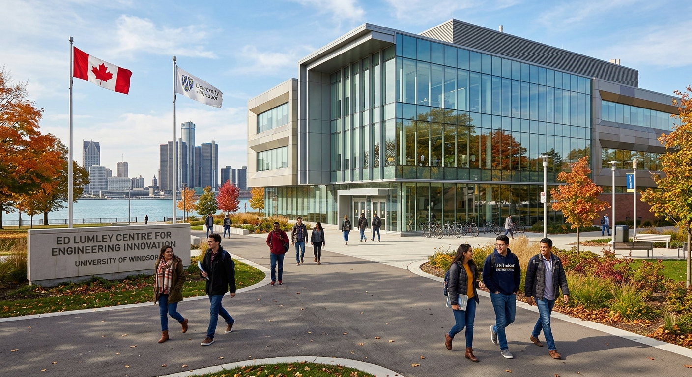 University of Windsor Ed Lumley Centre for Engineering Innovation exterior with modern glass facade, engineering students walking on campus pathways, Canadian flag visible, autumn trees and Detroit River in the background