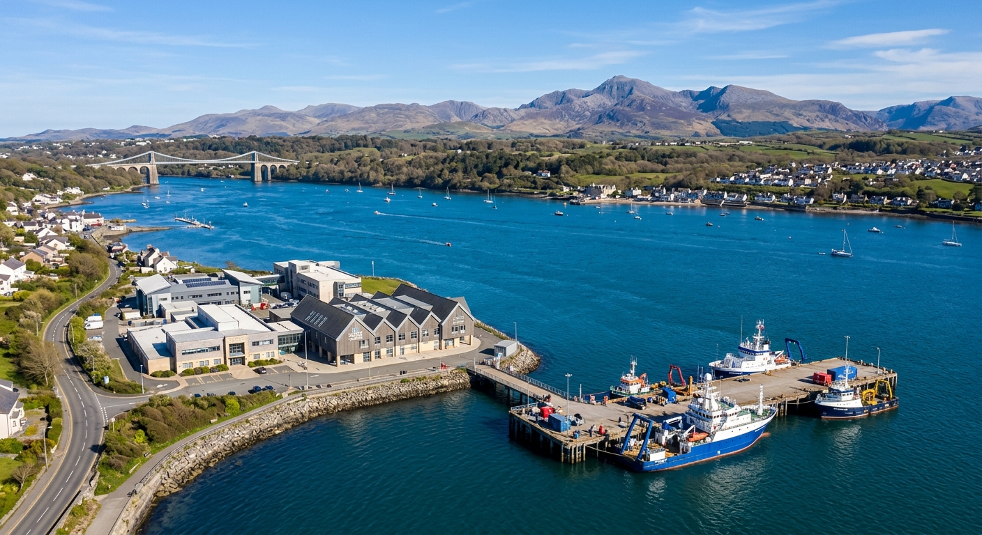 Aerial view of Bangor University School of Ocean Sciences on the Menai Strait coastline, North Wales, with research vessels docked at the pier, blue ocean waters, and Snowdonia mountains in the background under clear skies