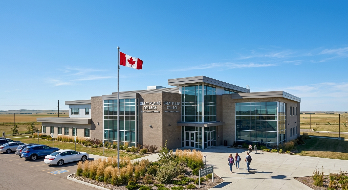 Great Plains College Swift Current campus main building exterior, modern educational facility with large windows, Canadian flag, flat Saskatchewan prairie landscape, clear sky