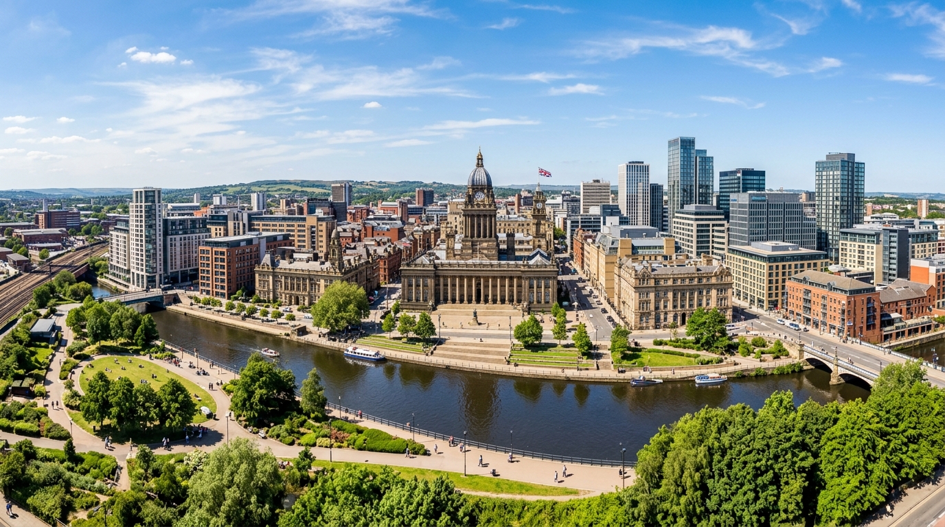 Leeds city centre skyline panorama, historic Town Hall and modern commercial buildings, River Aire in foreground, green parks, vibrant urban landscape under blue sky